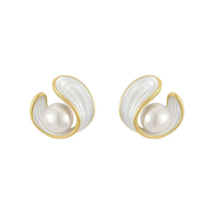 Goldene Perlen und Weiße Emaille Stecker Ohrringe