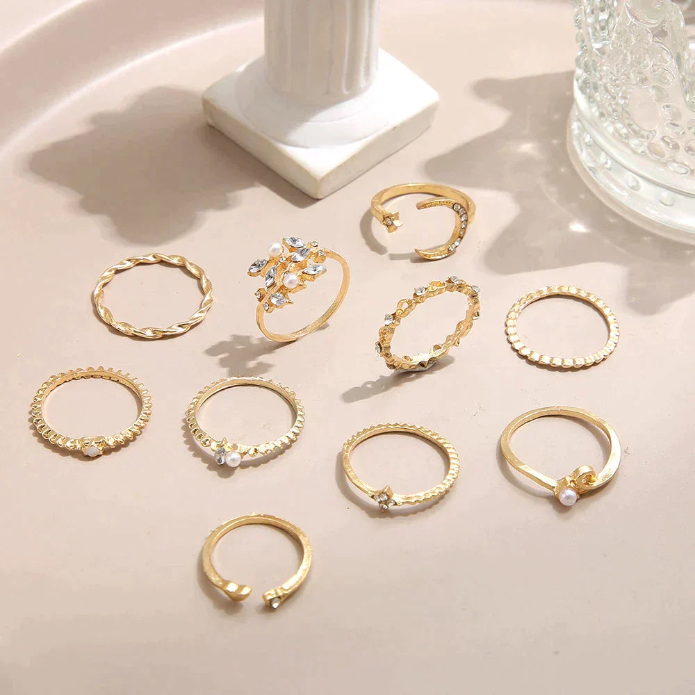 10-Teiliges Böhmisches Ringset In Silber Und Gold