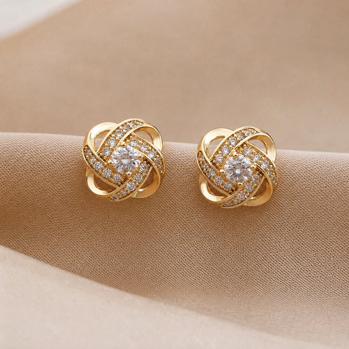 Goldene Spiral Blumen Kristall Stecker Ohrringe