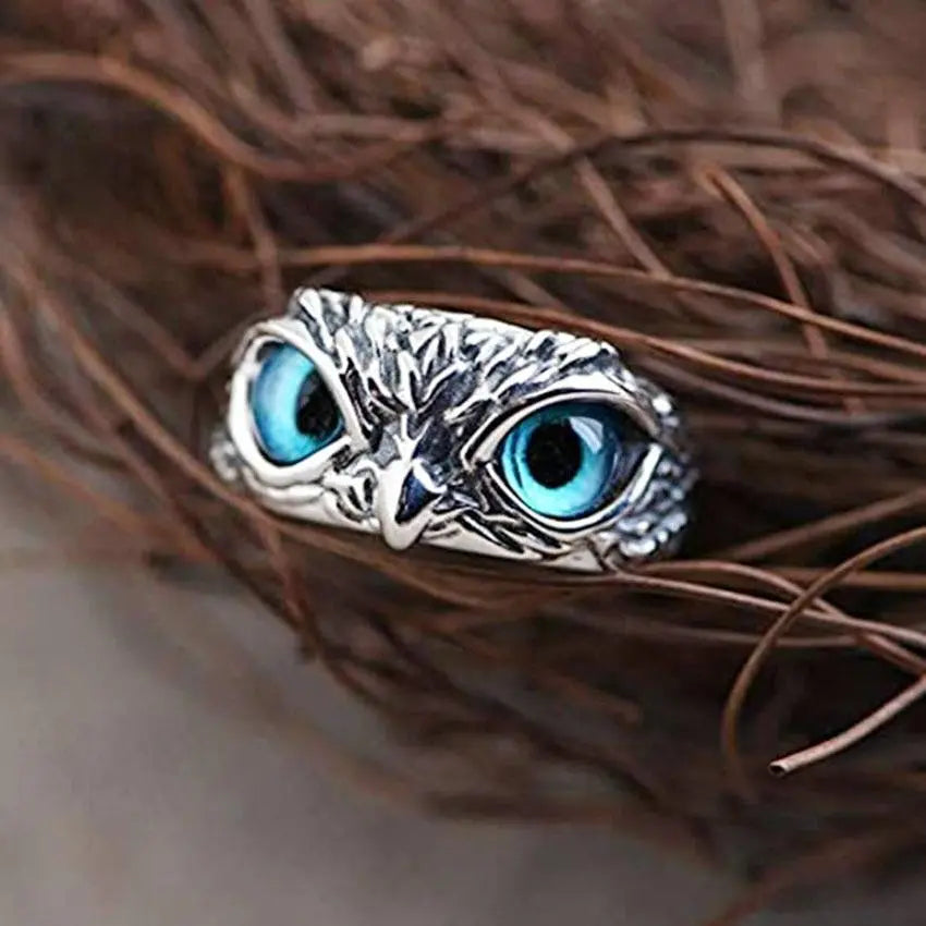 Verstellbarer Silberring Mit Opal Und Glückseulen Design