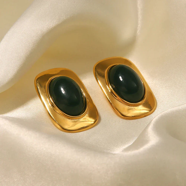 Vintage 18K Vergoldete Grüne Opal Oval Ohrringe